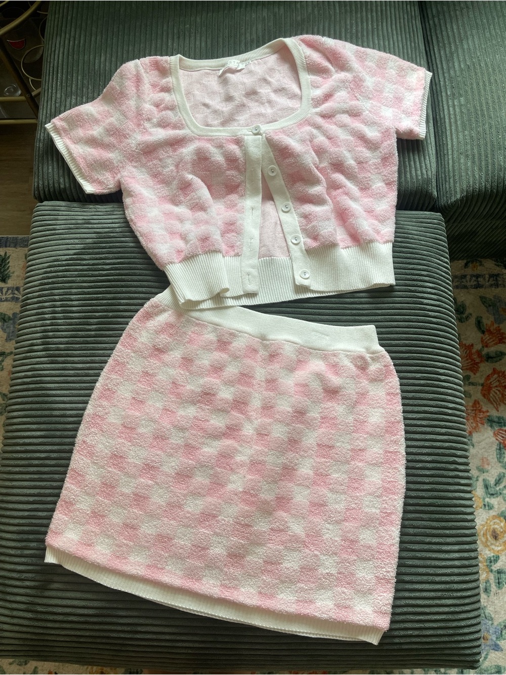 ASTR Pink and White Checkered Knit Skirt Set